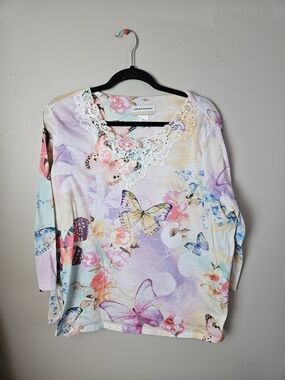 Alfred Dunner Pastel Butterfly Lace-Trim Long Sleeve Top